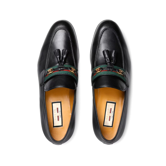 Gucci Men's Leather GG Web Tassel Loafers Black - Picture 3 of 3